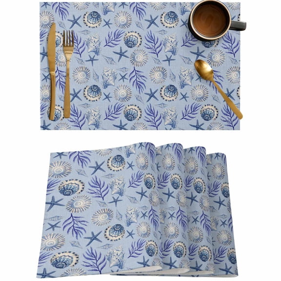 Summer Starfish Shell Conch Seamless Placemats Set of 4,Wipeable Washable Table Mats for Dining Tables,Retro Blue Linen Place Mats for Kitchen Event Party Tabletop Decor