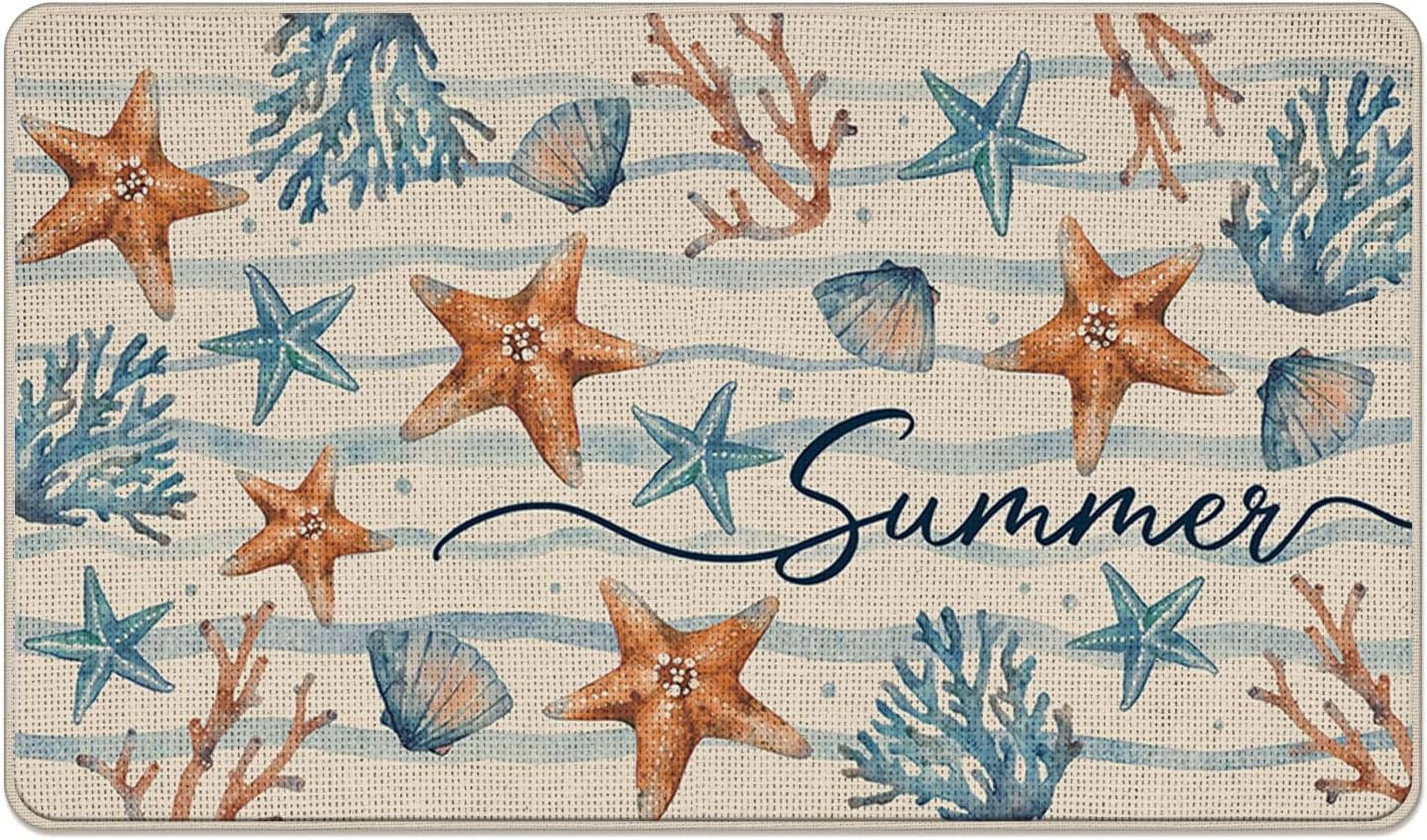 Summer Starfish Shell Coral Decorative Front Door Mat, Beach Coastal Wave Stripes Doormat Indoor Outdoor Non-Slip Floor Entryway Rug, Nautical Seasonal Home Kitchen Decoration 17x30 Inch
