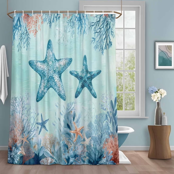 Summer Starfish Shower Curtains for Bathroom, Teal Orange Ocean Corals Coastal Marine Life Washable Fabric Shower Curtain with Hooks Waterproof Bathroom Decor Sets, 36 x 78 Inches