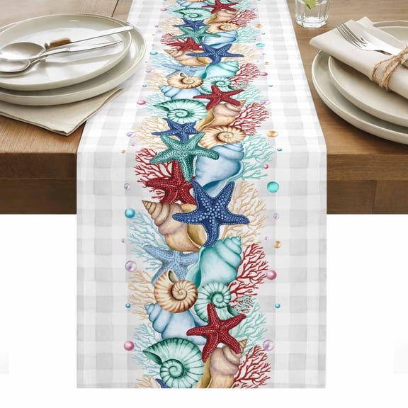 Summer Starfish Table Runner - 36 Inch Long, Kitchen Dining Table Runner Dresser Scarves, Blue Coral Beach Couch Coastal Grey Plaid Farmhouse Decor for Coffee Tables Wedding Party Banquet