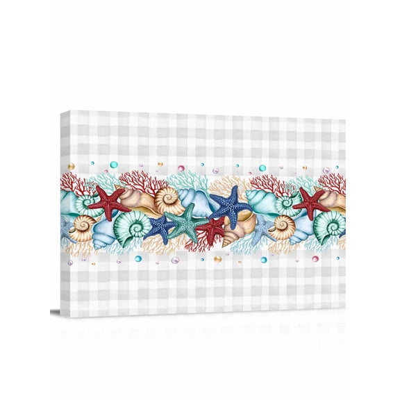 Summer Starfish Wall Art for Living Room,Canvas Picture Wall Decor for Bathroom Bedroom,Blue Coral Beach Couch Coastal Grey Plaid Painting Artwork for Office Kitchen Hallway Dining Room Decor 12"x16"