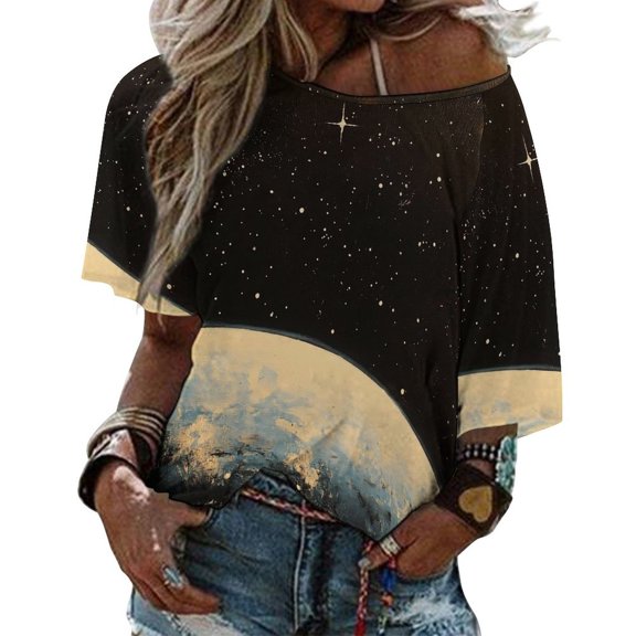 Summer Starlit Sky Tops for Womens, Casual Vintage Short Sleeve T-Shirt, Loose Round Neck Elastic Tee