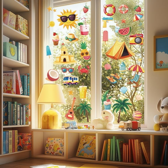 Summer Static Window Clings Beach Elements 1 Sheet Reusable Window Decals for Glass 47.24" x 11.8" Removable Double Sided Window Sticker for Room Office Home Decoration Colorful