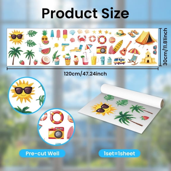 Summer Static Window Clings Beach Elements 1 Sheet Reusable Window Decals for Glass 47.24" x 11.8" Removable Double Sided Window Sticker for Room Office Home Decoration