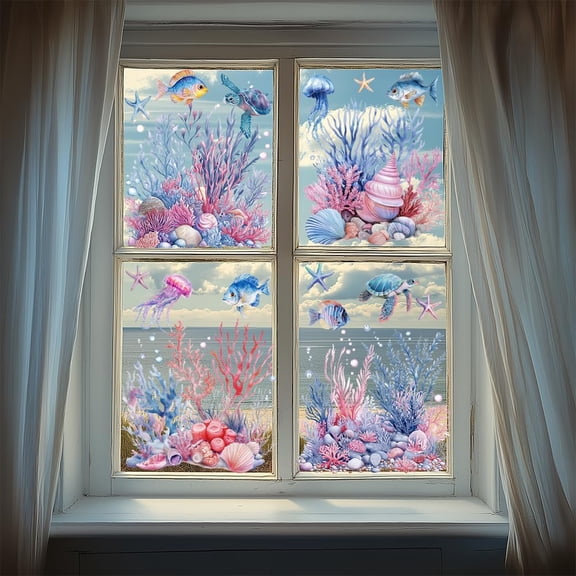 Summer Static Window Clings Undersea Plants and Turtles 1 Sheet Reusable Window Decals for Glass 47.24" x 11.8" Removable Double Sided Window Sticker for Room Office Home Decoration Colorful