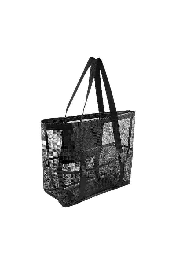 Summer Storage Supplies Mesh Beach Bag - Lightweight & Foldable Large Organizer Pouch, Reusable Beach Tote Storage Bag for Family Beach Pool Gym Travel Accessories (Black)