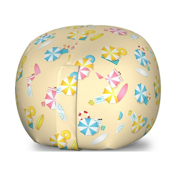 Summer Storage Toy Bag Chair, Beach Fun Umbrellas Surfboard Flip Flops Life Sunbathing Repetition, Stuffed Animal Organizer Washable Bag, Large Size, Pale Pink and Yellow, by Ambesonne