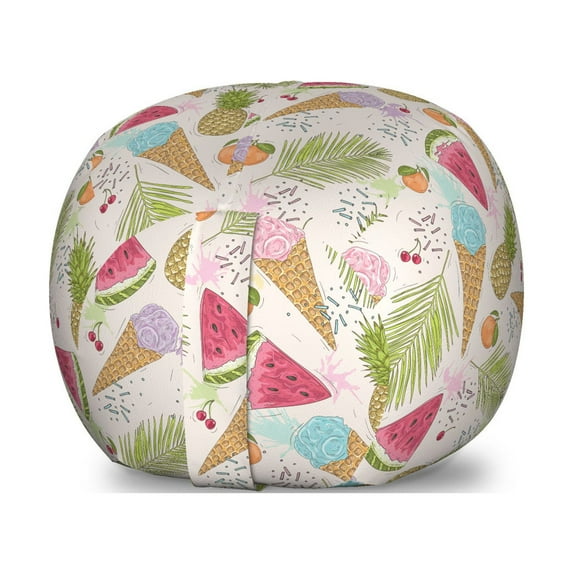 Summer Storage Toy Bag Chair, Doodle Pattern of Ice Creams Watermelon Slices Pineapples Cherries and Mandarins, Stuffed Animal Organizer Washable Bag, Small Size, Multicolor, by Ambesonne
