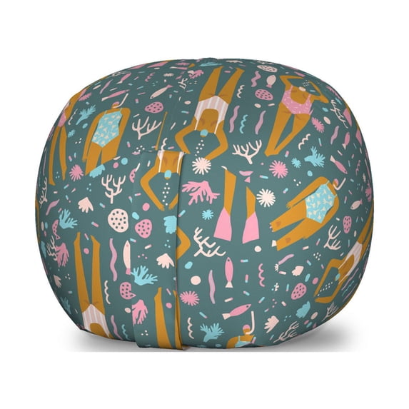 Summer Storage Toy Bag Chair, Swimmer Women in Ocean Coral Reef Beach Sunbathing Fun Illustration, Stuffed Animal Organizer Washable Bag, Large Size, Ginger Pink and Cadet Blue, by Ambesonne