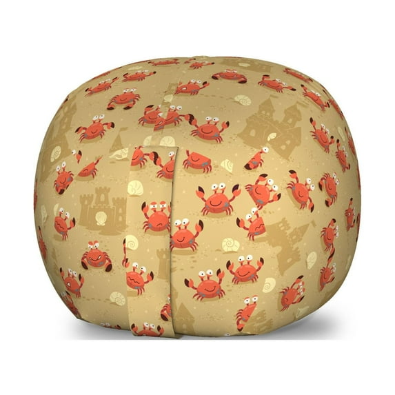 Summer Storage Toy Bag Chair, Themed Pattern with Cartoon Crabs with Sand Castles, Stuffed Animal Organizer Washable Bag, Large Size, Pale Camel Dark Mustard, by Ambesonne