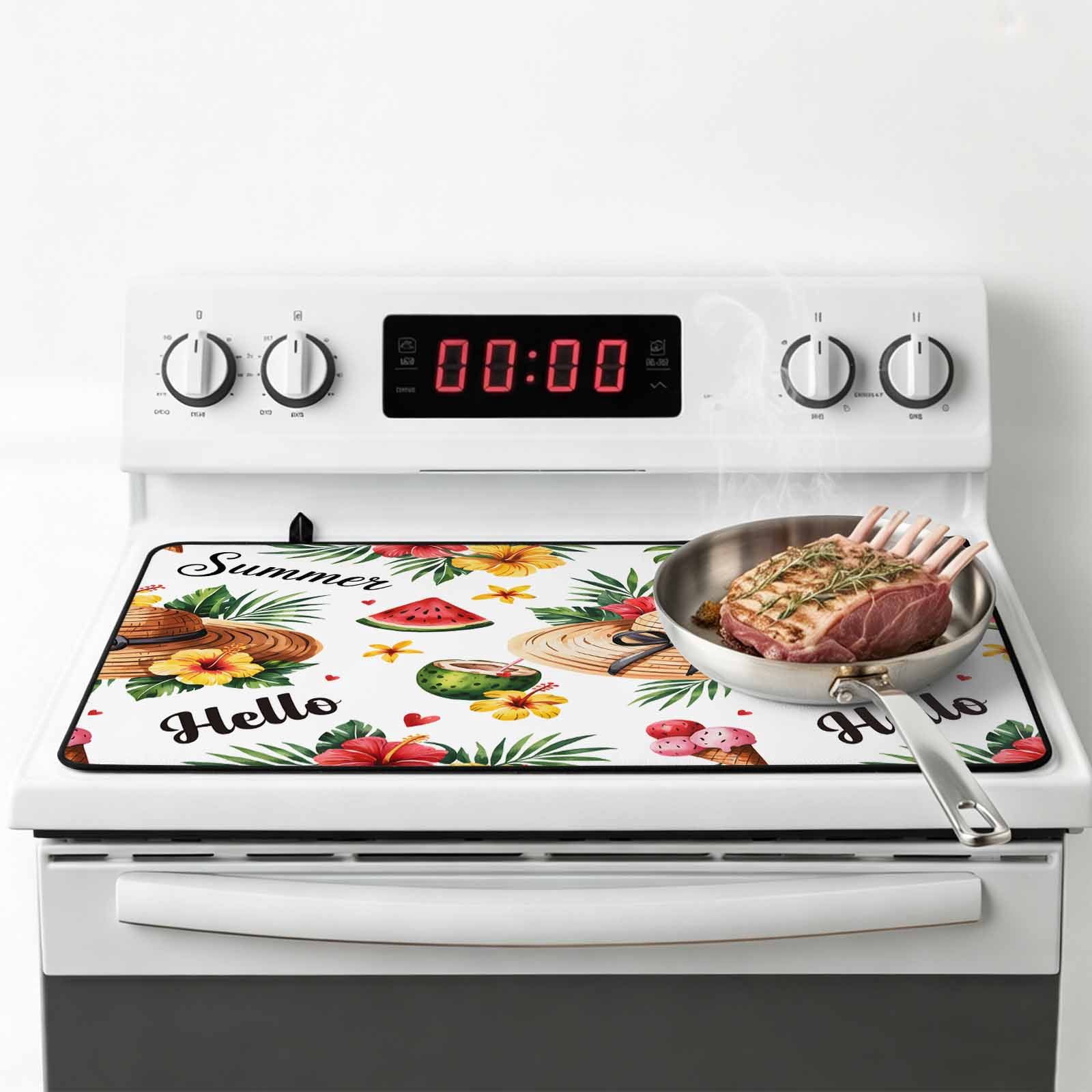 Summer Stove Top Cover for Electric Stove, Heat-proof & Non Slip Glass Top Stove Cover Protector, Tropical Plants Watermelon Coconut Straw Hat Kitchen Flat Cooktop Rubber Mat 31x24 Inches