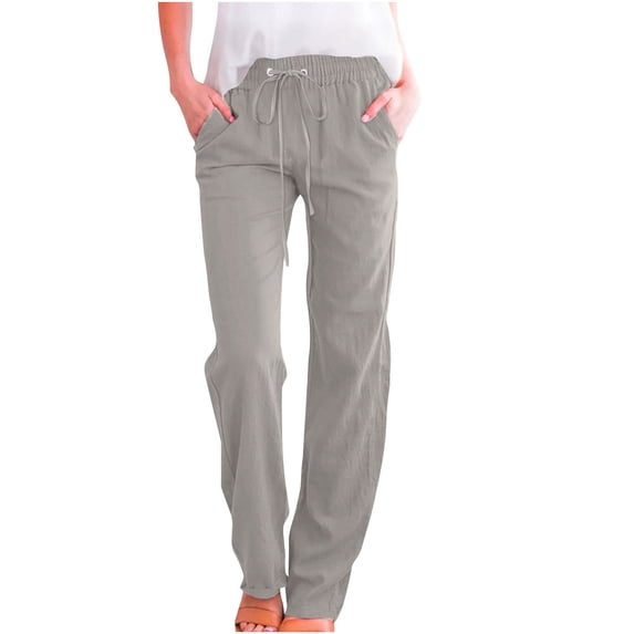 Summer Straight Leg Pants for Women High Waist Elastic Drawstring Cotton Linen Breathable Trouser for Workwear S-3XL