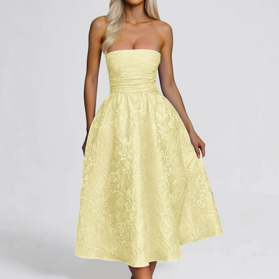 Summer Strapless Jacquard Floral Homecoming Dresses With Pocket Corset A Line Midi Pary Dresseses Summer Dresses Solid Midi Dress Hiking Dress for Women Women's Beach Dresses Casual Summer Casual