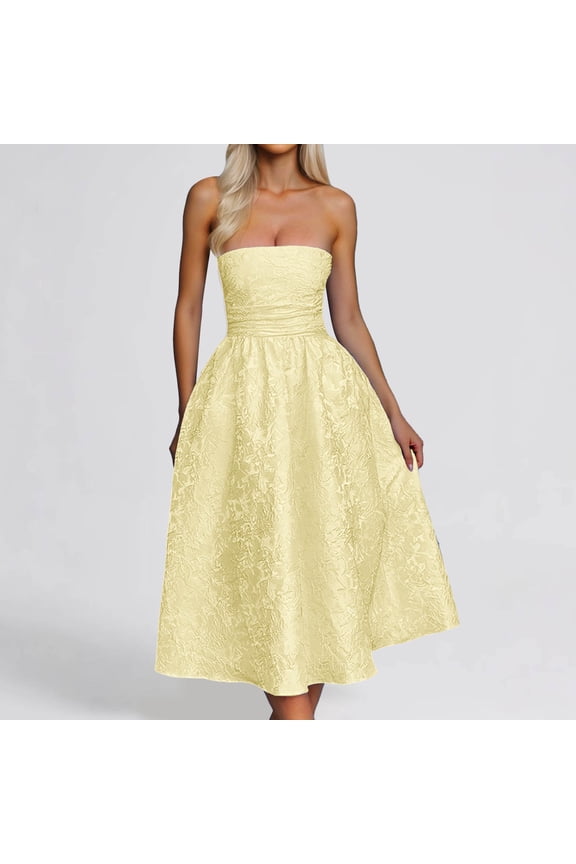 Summer Strapless Jacquard Floral Homecoming Dresses With Pocket Corset A Line Midi Pary Dresseses Summer Dresses Solid Midi Dress Hiking Dress for Women Women's Beach Dresses Casual Summer Casual