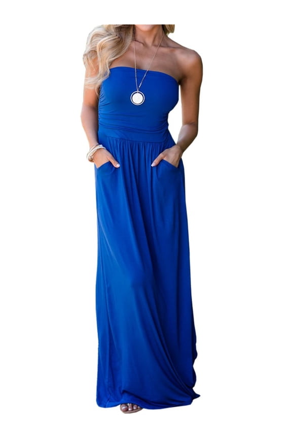 Summer Strapless Off the Shoulder Solid Color Women Long Party Maxi Dress with Pocket