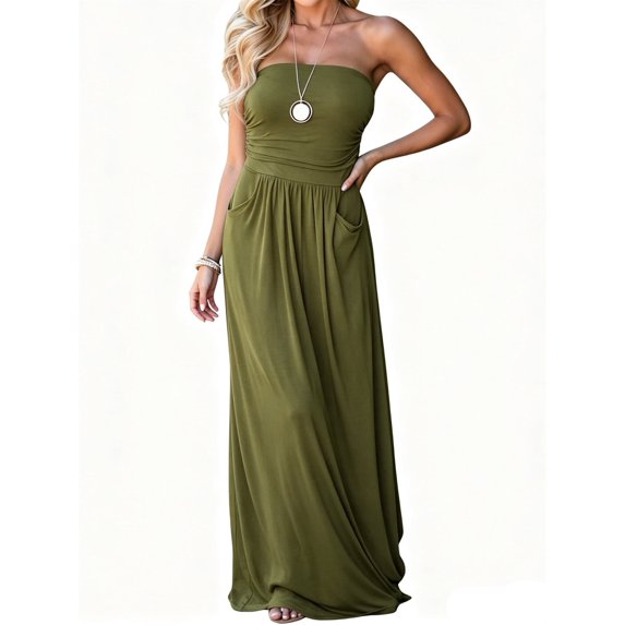 Summer Strapless Off the Shoulder Solid Color Women Long Party Maxi Dress with Pocket