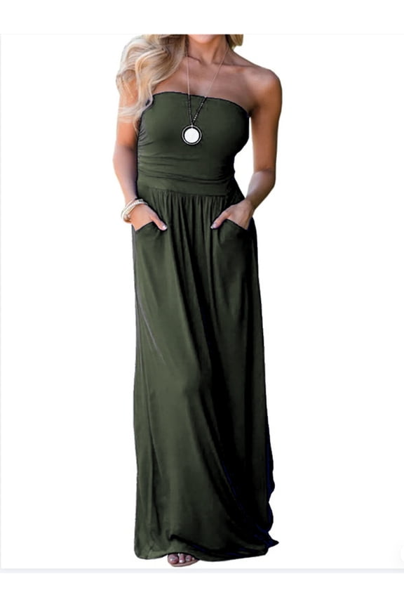 Summer Strapless Off the Shoulder Solid Color Women Long Party Maxi Dress with Pocket