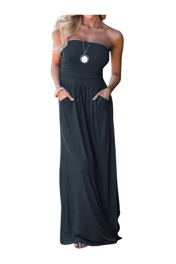 Summer Strapless Off the Shoulder Solid Color Women Long Party Maxi Dress with Pocket