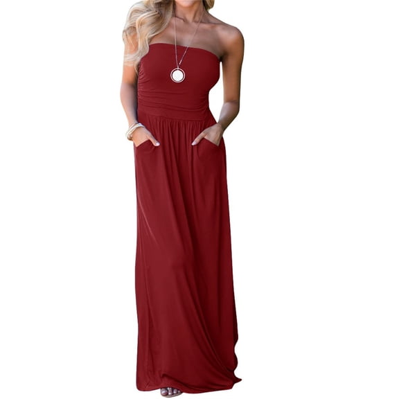 Summer Strapless Off the Shoulder Solid Color Women Long Party Maxi Dress with Pocket