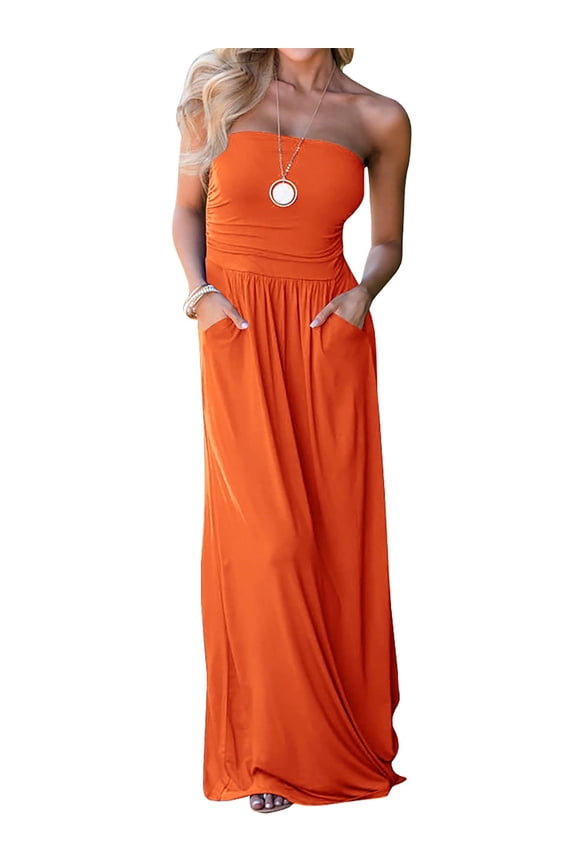 Summer Strapless Off the Shoulder Solid Color Women Long Party Maxi Dress with Pocket