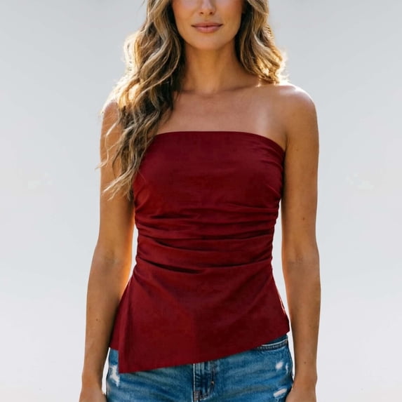 Summer Strapless Tops For Women Ruffled Asymmetrical Hem Tube Tops Ruched Bandeau Cami Tanks