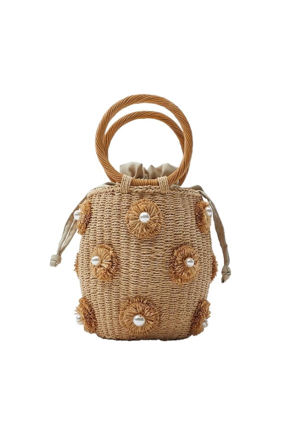 Summer Straw Bag for Women Pearl Flower Bucket Tote Bag Handbag Hand Woven Rattan Shell Purse Drawstring