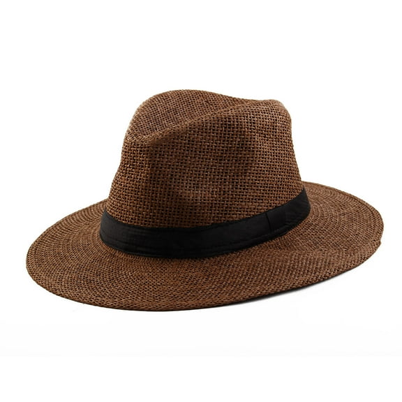 Summer Straw Braid Wide Brim Western Style Beach Sunhat Cowboy Hat Coffee Color