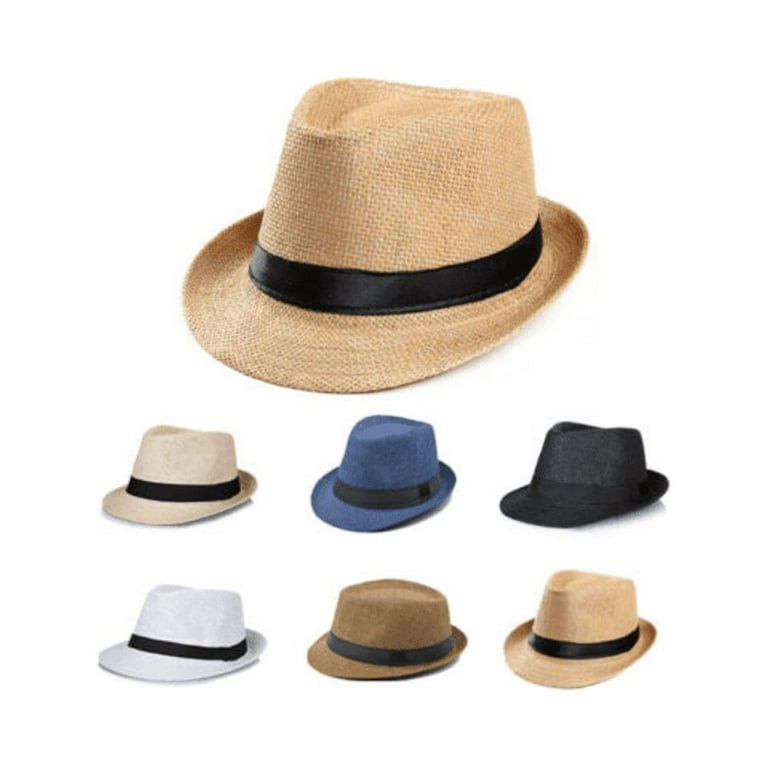 Summer Straw Fedora Hat Beach Sun Cap Panama Short Brim Dress Hat for Men,L/XL  (58cm Fit for Adult) Beige 