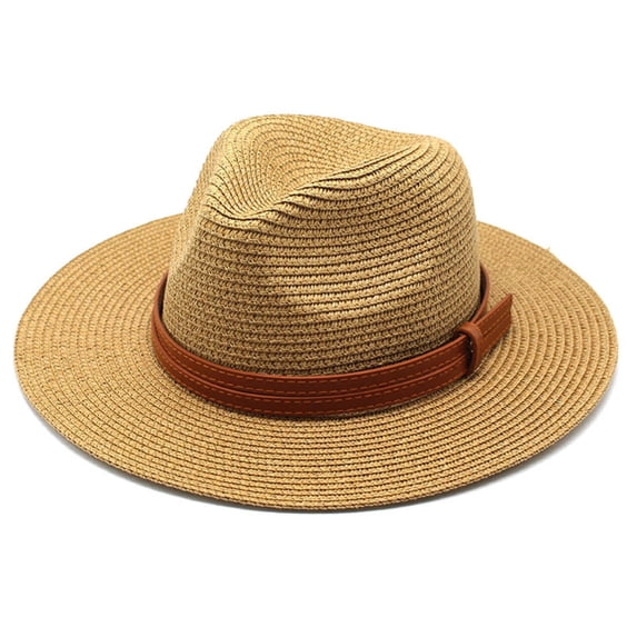 Summer Straw Fedora Hat for Women Men Travel Panama Hat with Wide Brim Roll Up Sun Hats for Beach Outdoor UPF 50+ Lightweight Adjustable Fashion Cowboy Hats with Buckle Belt