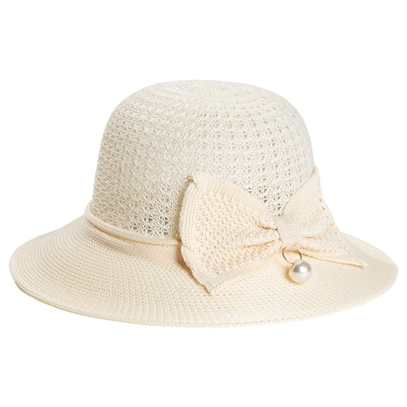 Summer Straw Hat Women Big Wide Brim Faux Pearls Bowknot Decor Beach Sun Hat Straw Floppy Sun Block UV Protection Hat