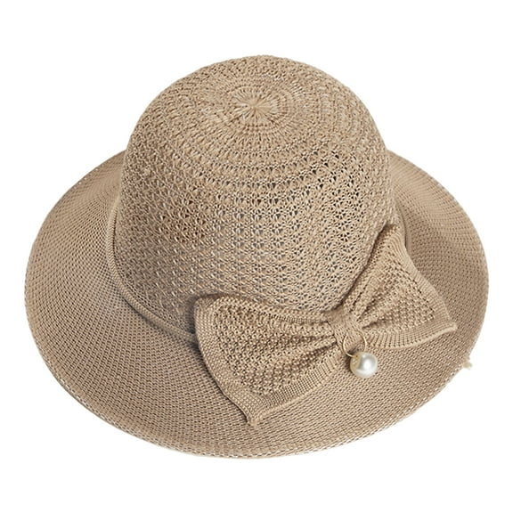 Summer Straw Hat Women Big Wide Brim Faux Pearls Bowknot Decor Beach Sun Hat Straw Floppy Sun Block UV Protection Hat