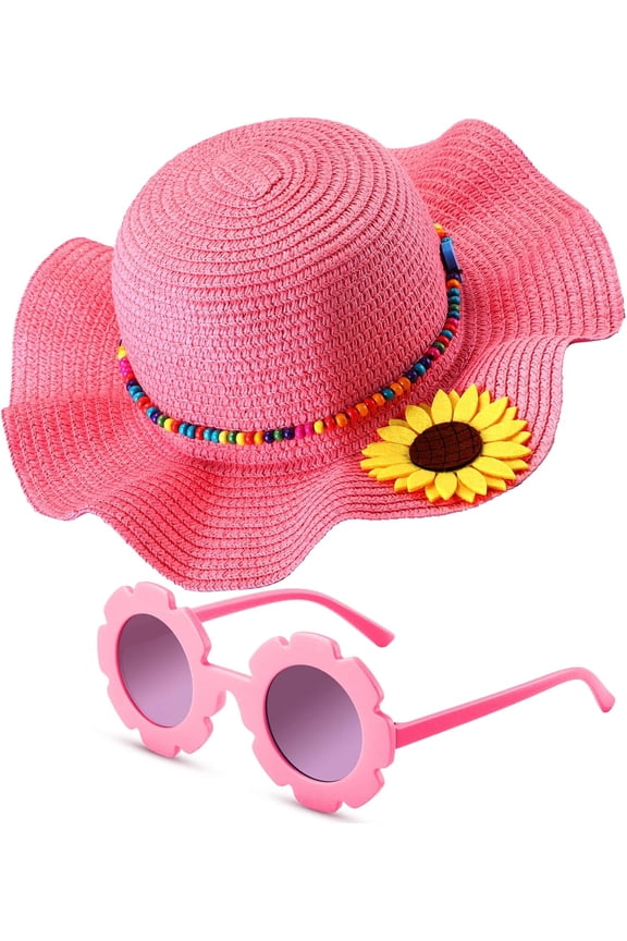 Summer Straw Hat for daughter Large Brim Sunflower Beach Hat Cute Flower Sun Hat with Flower Round Sunglasses