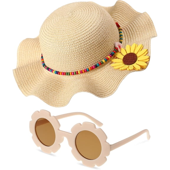 Summer Straw Hat for daughter Large Brim Sunflower Beach Hat Cute Flower Sun Hat with Flower Round Sunglasses