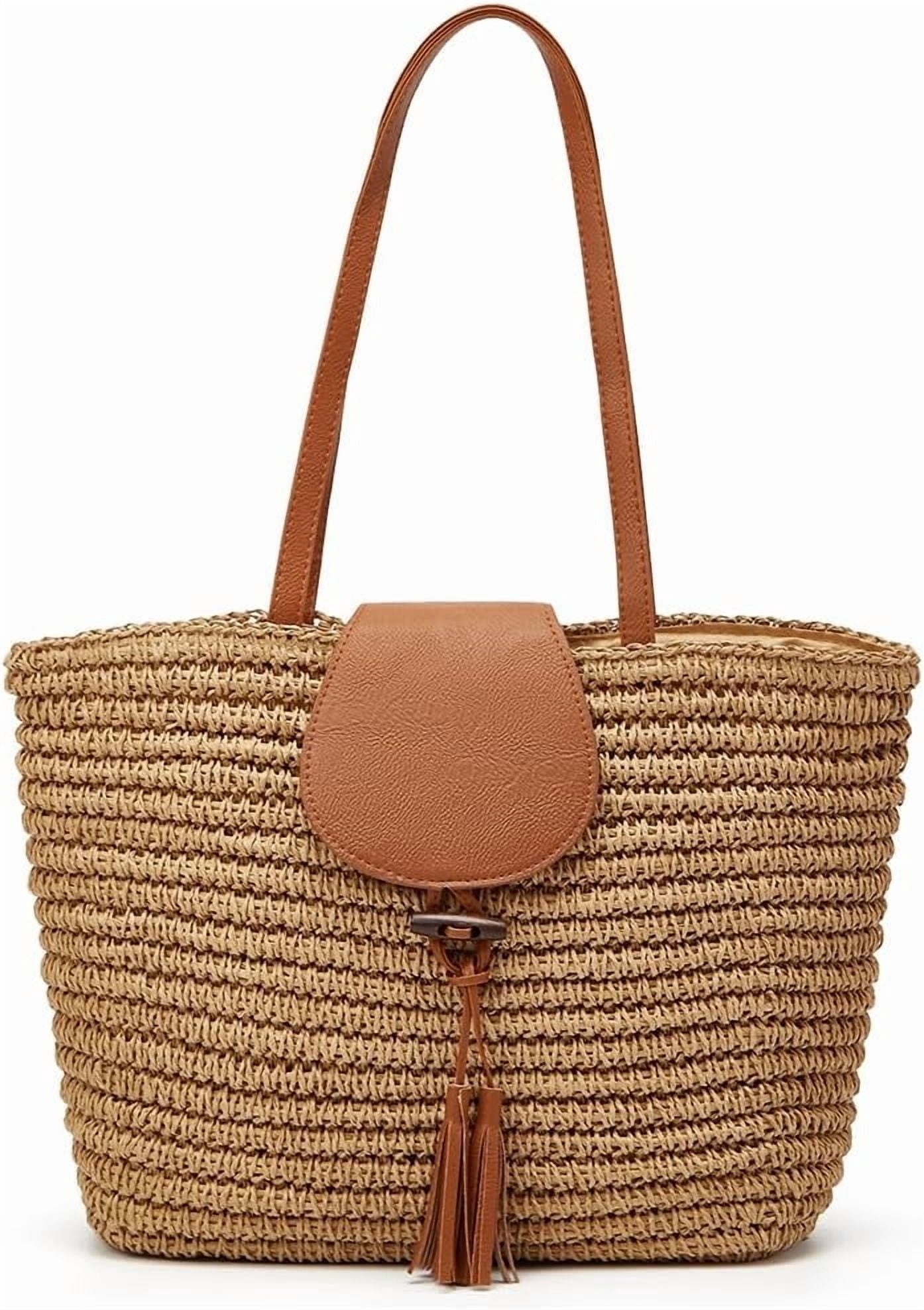 Summer Straw Shoulder Bags for Women Large Woven Tote Purse Casual Beach Vacation Top Handle Handbags with Tassel