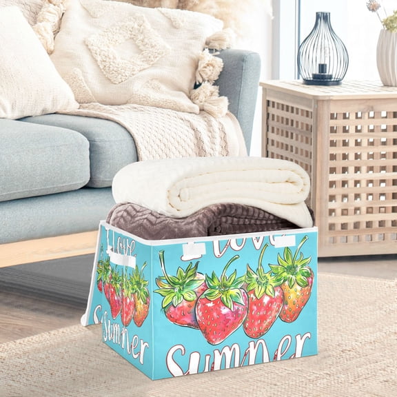 Summer Strawberries Storage Basket Foldable Laundry Basket Shelf Kids Toy Storage Container Organizer with Handles