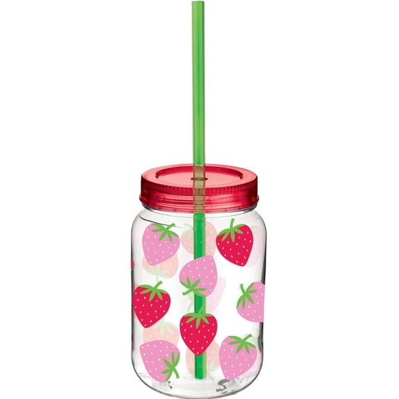 Summer Strawberry 16 oz Plastic Mason Cup and Straw
