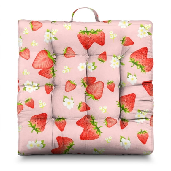 Summer Strawberry Pillow – 22x22 Inch Square Meditation Cushion, Dutch Velvet, Kawaii Berry Pattern for Yoga, Tatami & Lounge