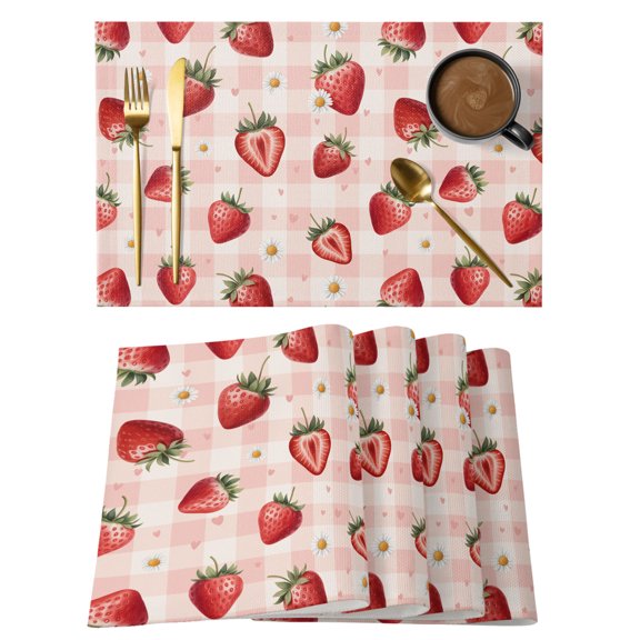 Summer Strawberry Placemats Set of 1, Modern Minimalist Red Fruit Berry Pink Gingham Non-Slip Place Mats Washable Table Mats for Kitchen Dining Table Decorations Indoor/Outdoor