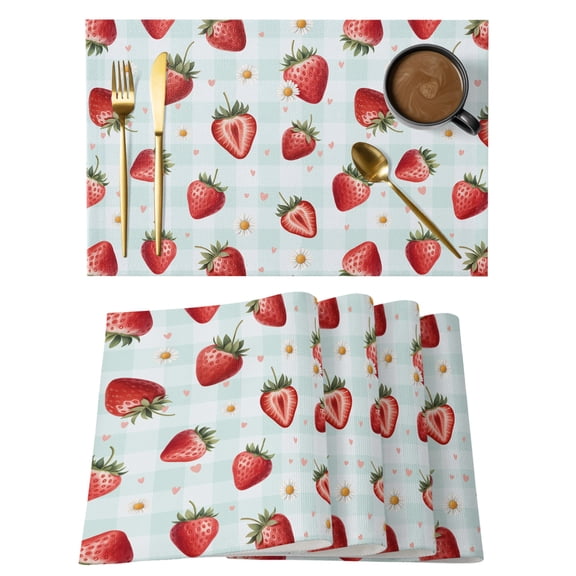 Summer Strawberry Placemats Set of 1, Modern Minimalist Red Fruit Berry Teal Gingham Non-Slip Place Mats Washable Table Mats for Kitchen Dining Table Decorations Indoor/Outdoor