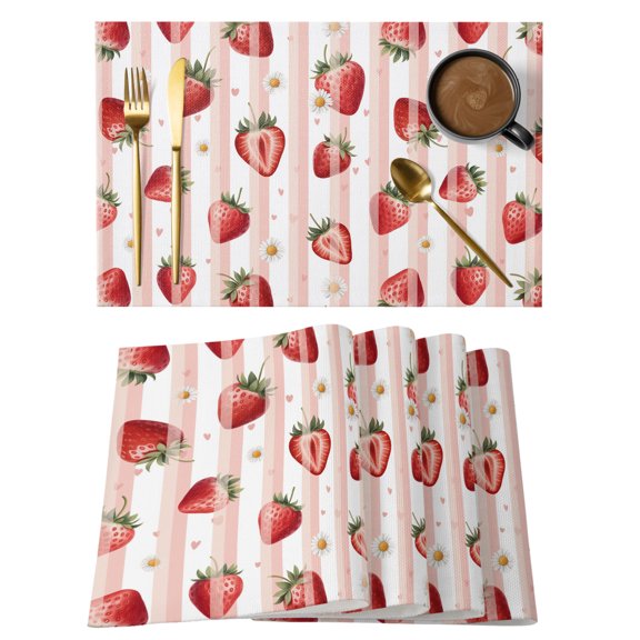 Summer Strawberry Placemats Set of 1, Modern Minimalist Red Fruit Pink Wide Stripes Non-Slip Place Mats Washable Table Mats for Kitchen Dining Table Decorations Indoor/Outdoor