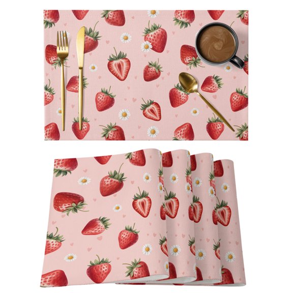Summer Strawberry Placemats Set of 1, Modern Minimalist Red Pink Fruit Berry White Floral Non-Slip Place Mats Washable Table Mats for Kitchen Dining Table Decorations Indoor/Outdoor