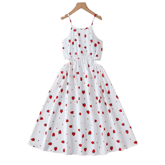 Summer Strawberry Print Straps Cute Dress Casual Hollow A-Line Skirt for 5-11Y Kid Girls