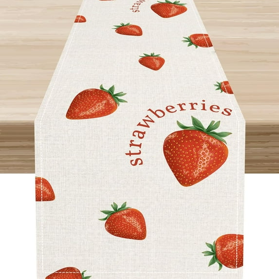 Summer Strawberry Table Runner, Red Sweet Fruit Seasonal Farmhouse Coffee Table Center Decor for Home Kitchen Dining Party Patio Indoor Outdoor Table Decorations 13x36
