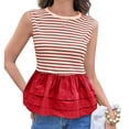 thumbnail image 1 of Summer Stripe Print Women Sleeveless Patchwork Slim Tank Tops Ruffle Vest, 1 of 6