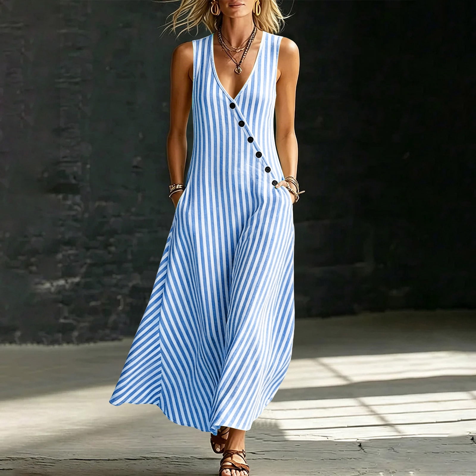 striped casual maxi dresses Hazel Blues | Striped Spaghetti Strap Casual Maxi Dress
