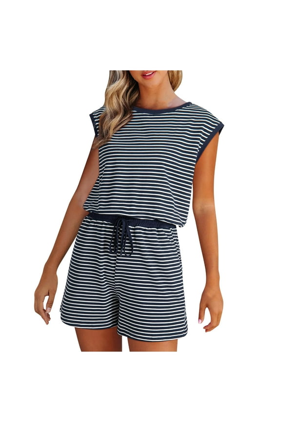 Summer Striped Overalls Adjustable Drawstring Loose Fit Jumpsuit Cap Sleeve Romper Dressy Casual Overall 2025 Trendy Jumpsuits With Pockets
