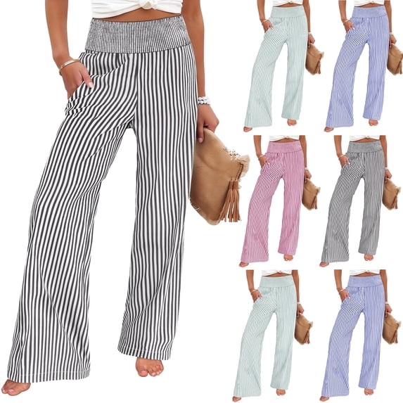 Summer Striped Pants for Women 2026 High Waist Wide Leg Pants with Side Pockets Ladies Casual Pants Black M