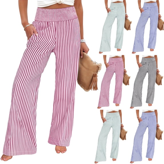 Summer Striped Pants for Women 2026 High Waist Wide Leg Pants with Side Pockets Ladies Casual Pants Pink M