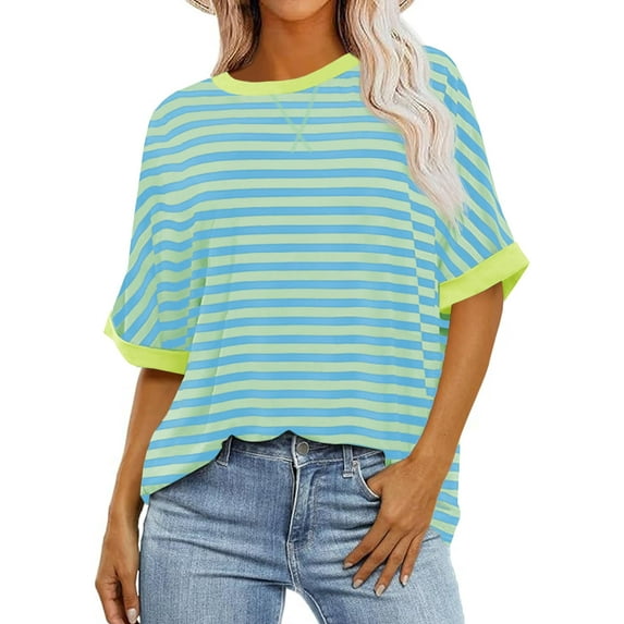 Summer Striped Print Women Oversized Tee Shirt Casual Color Block Half Sleeve Crew Neck Tops