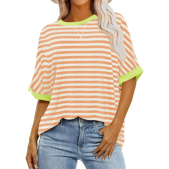 Summer Striped Print Women Oversized Tee Shirt Casual Color Block Half Sleeve Crew Neck Tops